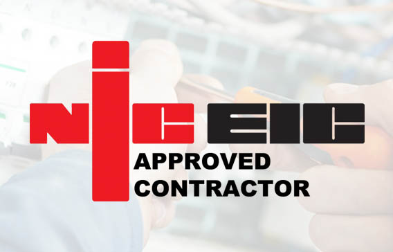 Image showing NIC EIC Approved Contractor logo on a background showing electricians hands repairing fuse box